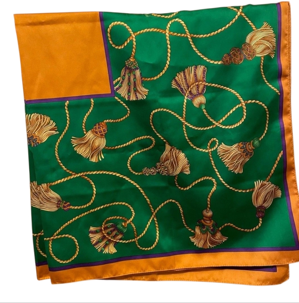 Emeraude Scarf Square Satin Made in Italy Green Gold and Purple Tassel Design